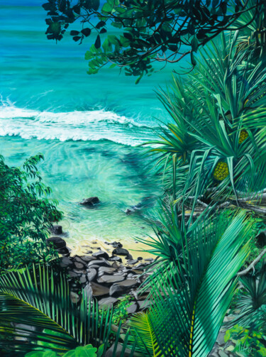 Painting titled "Little Cove Noosa" by Helen Mitra, Original Artwork, Oil Mounted on Wood Stretcher frame