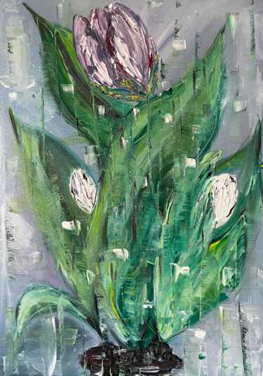 Painting titled "FLOWERS TULIPS" by Helen She, Original Artwork, Oil