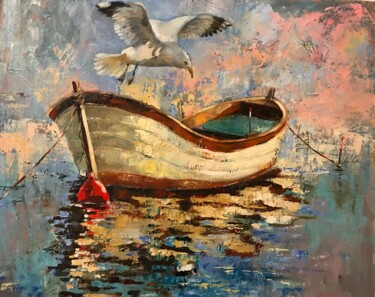 Painting titled ""White boat with a…" by Helga Balaban, Original Artwork, Oil
