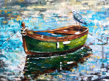 Pittura intitolato ""Green boat  and bi…" da Helga Balaban, Opera d'arte originale, Olio