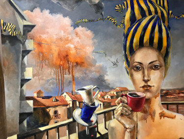Pittura intitolato ""Evening coffee"" da Helga Balaban, Opera d'arte originale, Olio