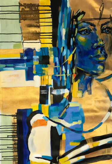 Painting titled "Gold and blue abstr…" by Helga Balaban, Original Artwork, Acrylic