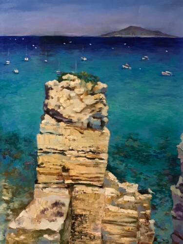 Painting titled ""Sea and white rock"" by Helga Balaban, Original Artwork, Oil