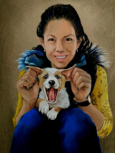 Ζωγραφική με τίτλο "Portrait with a pet" από Helga Balaban, Αυθεντικά έργα τέχνης, Παστέλ