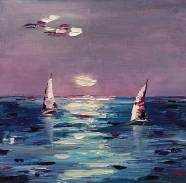 Pintura intitulada "Seascape 28 Night M…" por Helga G, Obras de arte originais, Óleo