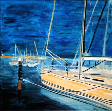 Painting titled "Abend im Hafen" by Helga Pfannkuche, Original Artwork, Acrylic Mounted on Wood Stretcher frame