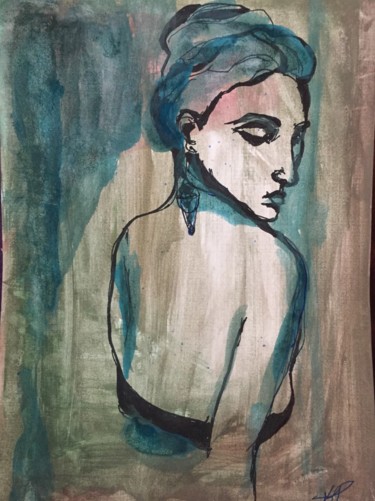 Tekening getiteld "Lady in blue" door Helia Tayebi, Origineel Kunstwerk, Aquarel