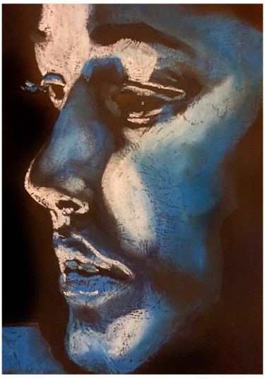 Dessin intitulée "Portrait in Blue" par Helia Tayebi, Œuvre d'art originale, Pastel