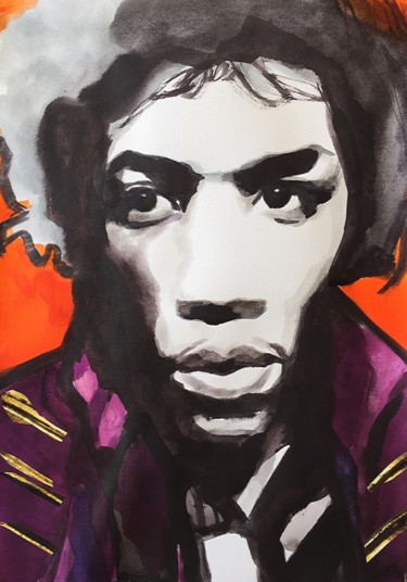 Painting titled "Jimi Hendrix" by Helia Tayebi, Original Artwork, Watercolor