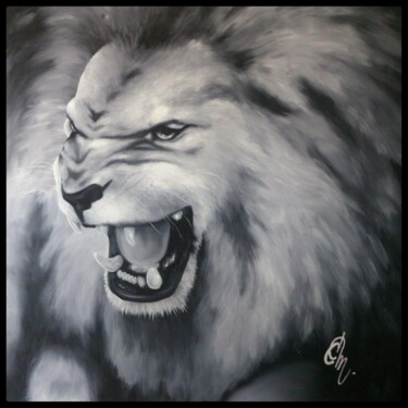 Painting titled "Lion - animal Afriq…" by Hellokartoffen, Original Artwork, Oil Mounted on Wood Stretcher frame