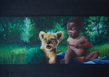 Painting titled "Lion et Enfant - po…" by Hellokartoffen, Original Artwork, Acrylic