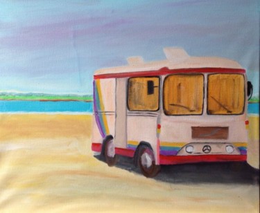 Peinture intitulée "Bus sur plage" par Frédérique Cretin (Fé), Œuvre d'art originale, Huile