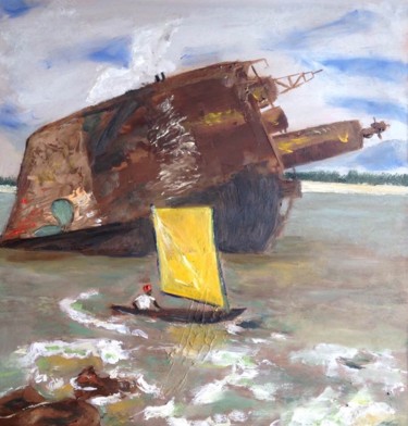 Painting titled "Épave et pirogue" by Frédérique Cretin (Fé), Original Artwork, Oil