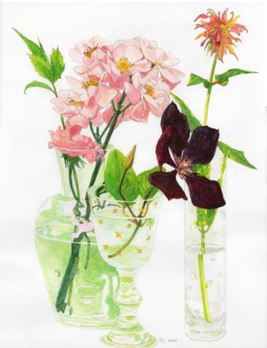 Peinture intitulée "trois fleurs" par Héloïse Chouard, Œuvre d'art originale, Aquarelle
