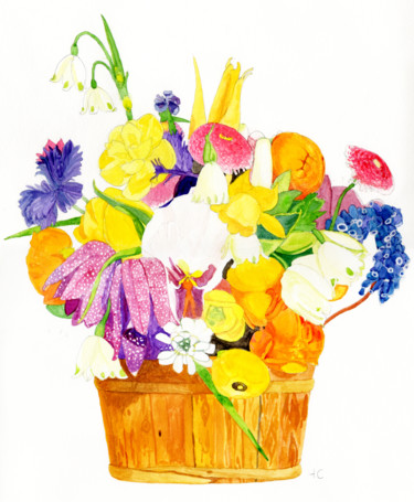 Peinture intitulée "bouquet au panier" par Héloïse Chouard, Œuvre d'art originale, Aquarelle