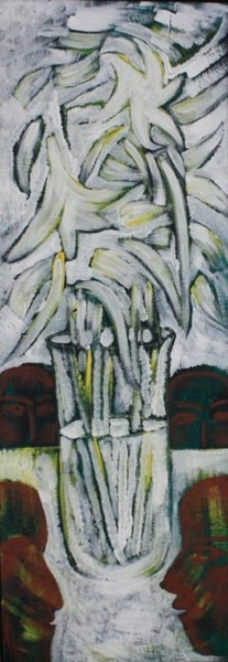 Картина под названием "Белые цветы и четыр…" - Moshe Hemain, Подлинное произведение искусства, Другой
