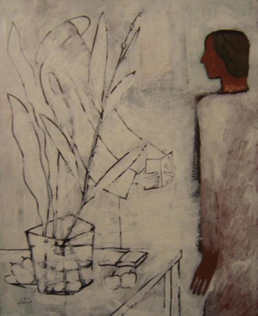 Картина под названием "Чтение стихов-Readi…" - Moshe Hemain, Подлинное произведение искусства, Масло