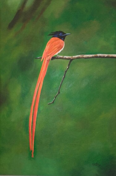 Painting titled "Watchful Flycatcher" by Hemantha Warakapitiya, Original Artwork, Acrylic Mounted on Wood Stretcher frame