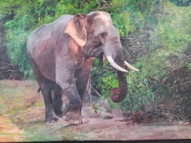 Painting titled "Elephant Tales" by Hemantha Warakapitiya, Original Artwork, Acrylic Mounted on Wood Stretcher frame