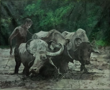 Painting titled "Labor in the Mud" by Hemantha Warakapitiya, Original Artwork, Acrylic Mounted on Wood Stretcher frame