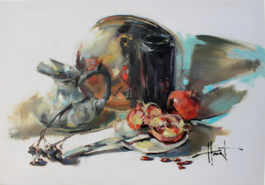 Painting titled "Still life with pom…" by Henadzy Havartsou, Original Artwork, Oil