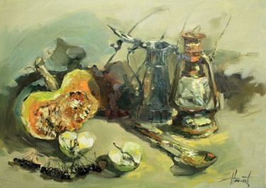 Painting titled "Still life with pum…" by Henadzy Havartsou, Original Artwork, Oil Mounted on Wood Stretcher frame