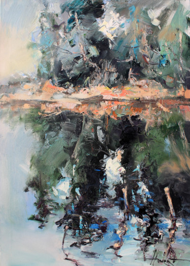 Картина под названием "Forest Lake" - Henadzy Havartsou, Подлинное произведение искусства, Масло Установлен на Деревянная ра…