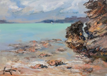 Painting titled "Seaside relaxation" by Henadzy Havartsou, Original Artwork, Oil Mounted on Wood Stretcher frame