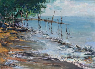 Schilderij getiteld "Old jetty" door Henadzy Havartsou, Origineel Kunstwerk, Olie Gemonteerd op Frame voor houten brancard