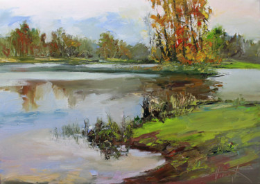Malerei mit dem Titel "Autumn lake" von Henadzy Havartsou, Original-Kunstwerk, Öl Auf Keilrahmen aus Holz montiert