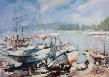Painting titled "Yachts in the dock" by Henadzy Havartsou, Original Artwork, Oil Mounted on Wood Stretcher frame