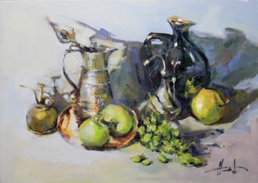 Painting titled "Still life with app…" by Henadzy Havartsou, Original Artwork, Oil Mounted on Wood Stretcher frame