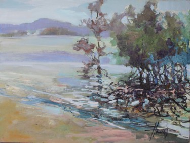 Painting titled "Thai mangroves" by Henadzy Havartsou, Original Artwork, Oil Mounted on Wood Stretcher frame