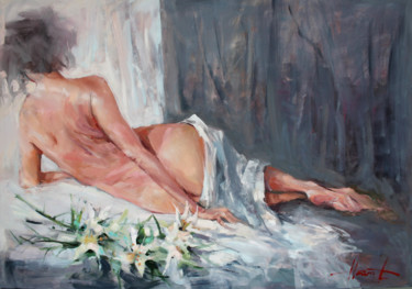Painting titled "Woman with lilies" by Henadzy Havartsou, Original Artwork, Oil Mounted on Wood Stretcher frame