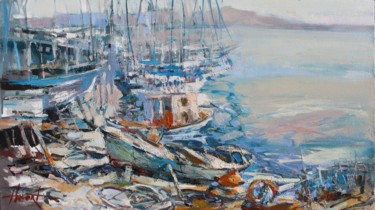 Painting titled "Dock 1" by Henadzy Havartsou, Original Artwork, Oil Mounted on Wood Stretcher frame