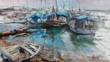 Schilderij getiteld "Dock 2" door Henadzy Havartsou, Origineel Kunstwerk, Olie Gemonteerd op Frame voor houten brancard
