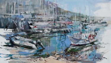 Painting titled "Dock 3" by Henadzy Havartsou, Original Artwork, Oil Mounted on Wood Stretcher frame