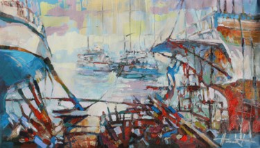 Schilderij getiteld "Dock 4" door Henadzy Havartsou, Origineel Kunstwerk, Olie Gemonteerd op Frame voor houten brancard