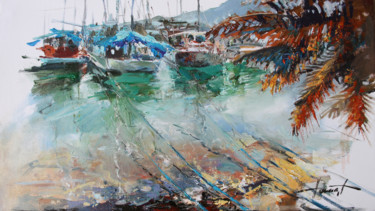 Schilderij getiteld "Yachts in the bay 1" door Henadzy Havartsou, Origineel Kunstwerk, Olie Gemonteerd op Frame voor houten…