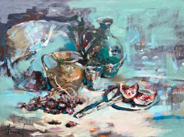 Painting titled "Still life with gra…" by Henadzy Havartsou, Original Artwork, Oil Mounted on Wood Stretcher frame