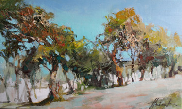 Painting titled "Cedars by the road" by Henadzy Havartsou, Original Artwork, Oil Mounted on Wood Stretcher frame