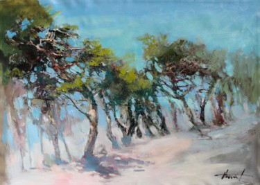 Painting titled "Road with cedars" by Henadzy Havartsou, Original Artwork, Oil Mounted on Wood Stretcher frame