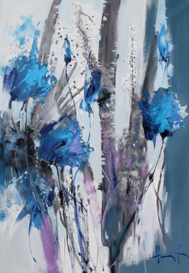 Painting titled "Blue flowers" by Henadzy Havartsou, Original Artwork, Oil Mounted on Wood Stretcher frame