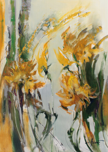 Painting titled "Yellow flowers" by Henadzy Havartsou, Original Artwork, Oil Mounted on Wood Stretcher frame