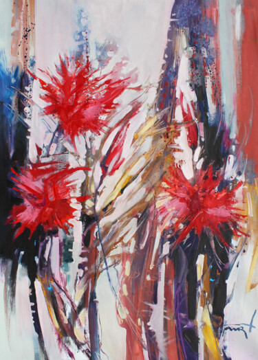 Painting titled "Red flowers" by Henadzy Havartsou, Original Artwork, Oil Mounted on Wood Stretcher frame