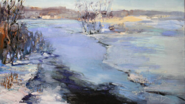 Painting titled "Winter river" by Henadzy Havartsou, Original Artwork, Oil Mounted on Wood Stretcher frame
