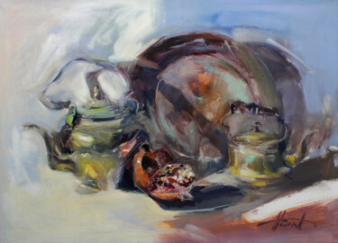 Painting titled "Still life with tea…" by Henadzy Havartsou, Original Artwork, Oil Mounted on Wood Stretcher frame