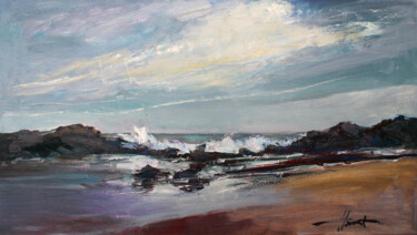 Painting titled "Evening ocean" by Henadzy Havartsou, Original Artwork, Oil Mounted on Wood Stretcher frame