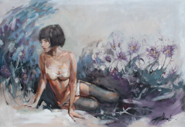 Painting titled "Brunette" by Henadzy Havartsou, Original Artwork, Oil Mounted on Wood Stretcher frame