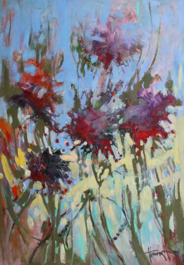 Schilderij getiteld "burgundy flowers" door Henadzy Havartsou, Origineel Kunstwerk, Olie Gemonteerd op Frame voor houten bra…